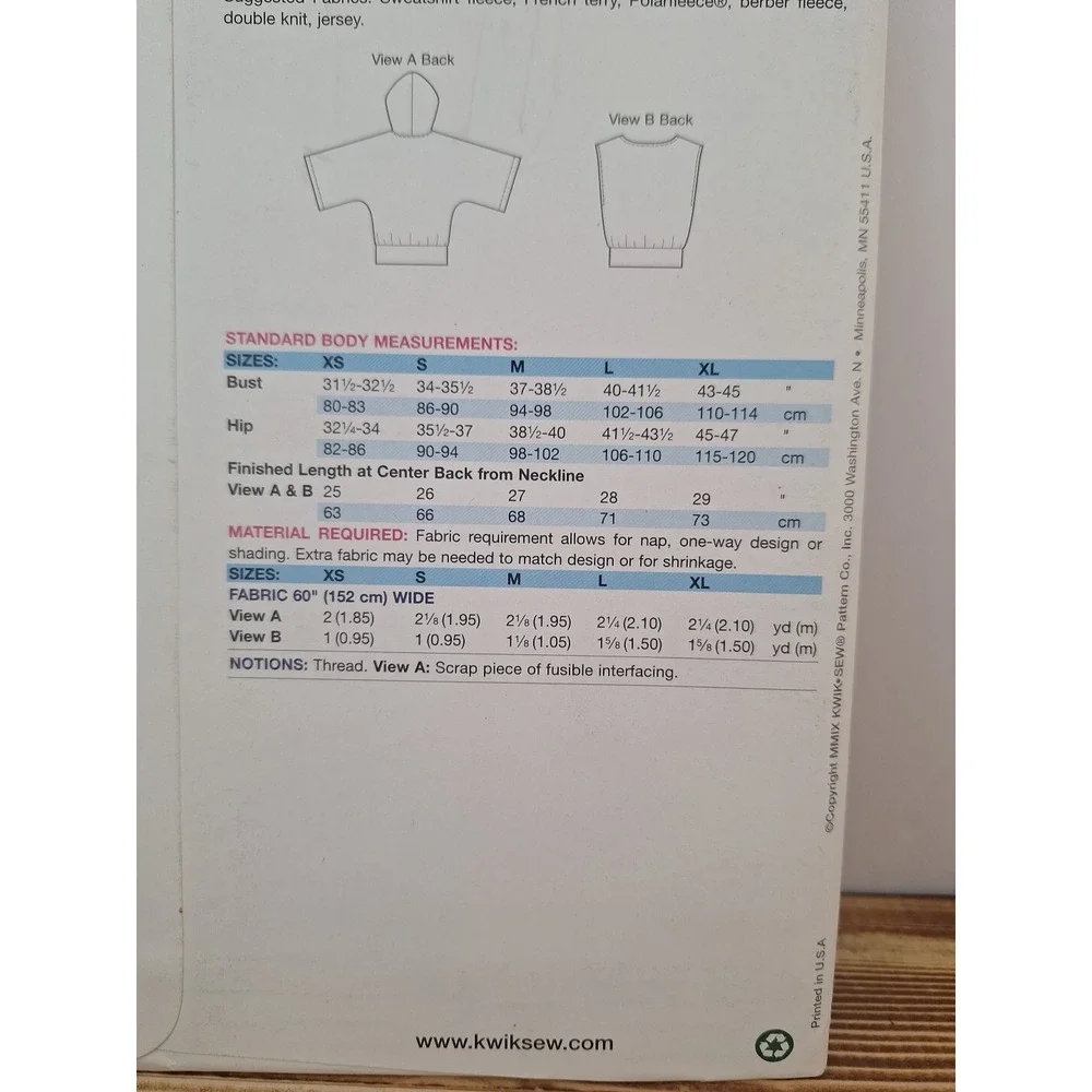 Kwik Sew 3667 Hoodie w Kangaroo Pocket & Dolman Sleeve Pullover Sz XS-XL UNCUT‎